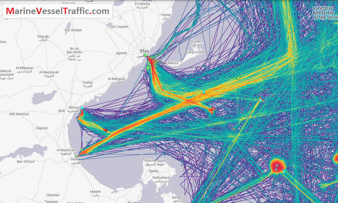 Live Marine Traffic, Density Map and Current Position of ships in GULF OF GABES
